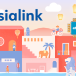 Asialink logo over a colorful Asia-inspired cityscape with temples, lanterns, an elephant statue, and a cyclist against a pastel sky.