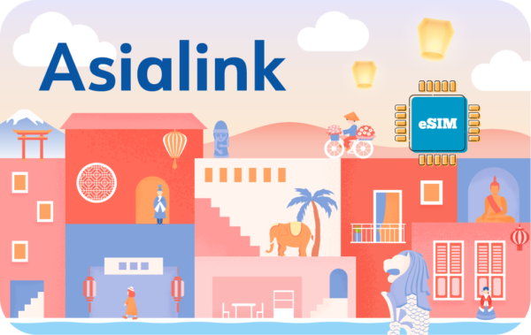 Asialink logo over a colorful Asia-inspired cityscape with temples, lanterns, an elephant statue, and a cyclist against a pastel sky.