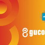 Gucom branding image: orange gradient background with large abstract shapes and a white 'gucom' logo next to a blue eSIM chip icon.