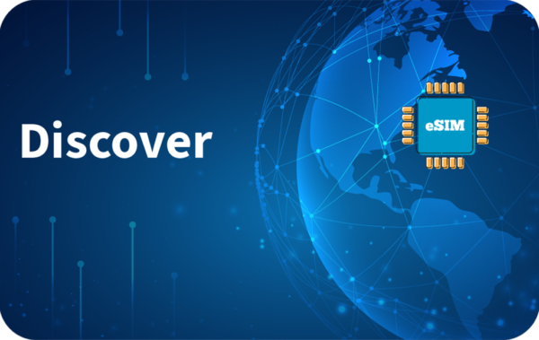Blue tech graphic showing a globe with interconnected lines and an eSIM chip, with the word 'Discover' on the left.