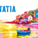 Vibrant coastal illustration with a blue boat on shimmering yellow-pink water, colorful houses on the shore, and a blue eSIM chip block; STATIA logo on the left.