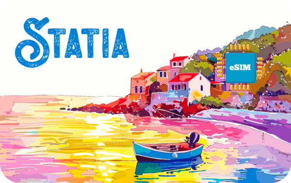 Vibrant coastal illustration with a blue boat on shimmering yellow-pink water, colorful houses on the shore, and a blue eSIM chip block; STATIA logo on the left.