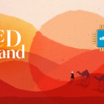 Brand banner with 'RED sand' text over red desert dunes, featuring a blue eSIM chip icon and silhouettes of a person with camels.