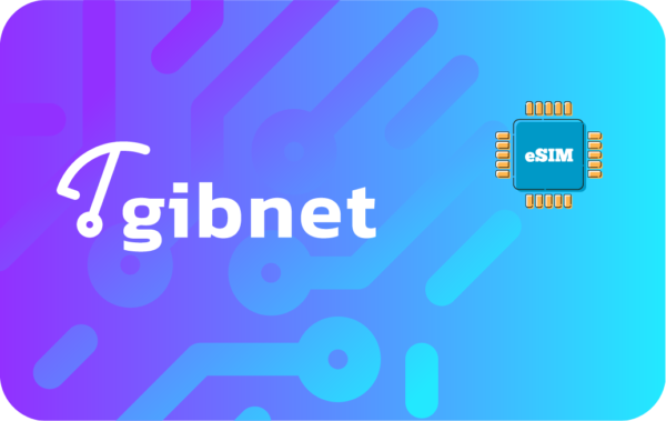Gradient purple-to-blue hero with circuit patterns, featuring the 'tgibnet' logo text and a blue eSIM chip on the right labeled 'eSIM'