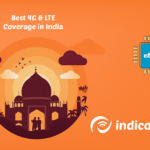 Promotional illustration showing 4G & LTE coverage in India with a silhouette Taj/monument, a blue eSIM chip on the right, and the Indicom logo; text reads 'Best 4G & LTE Coverage in India'.