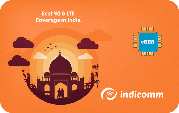 Promotional illustration showing 4G & LTE coverage in India with a silhouette Taj/monument, a blue eSIM chip on the right, and the Indicom logo; text reads 'Best 4G & LTE Coverage in India'.