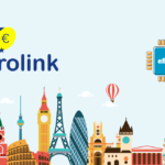 Eurolink logo with star and euro symbol over a city skyline, plus an airplane, hot air balloon, and an eSIM chip icon.