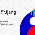 Brand banner for Jjang showing the circular blue-and-red logo, the Korean name, the slogan “Extreme Speed. Great Data Packages,” and an eSIM chip on a blue abstract shape.
