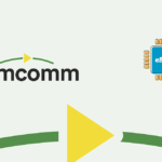 Brand graphic with the jamcomm logo on the left, a green curved arc and yellow play button, and an eSIM chip illustration on the right on a pale background