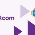 Luxcom logo on the left with an eSIM chip illustration and purple geometric shapes on a white background