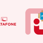 Maltafone logo on the left with a pink rounded icon; on the right, a red abstract figure inside a pink rounded frame with a blue eSIM chip.