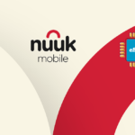 Nuuk Mobile logo with an eSIM chip on a curved beige and red background, branding image.