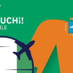 Branding for NOUCHi! Mobile featuring green background, orange shapes, a blue eSIM chip, and a stylized airplane silhouette.
