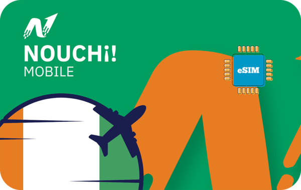 Branding for NOUCHi! Mobile featuring green background, orange shapes, a blue eSIM chip, and a stylized airplane silhouette.
