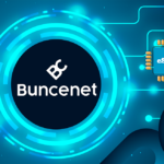 Buncenet logo inside a glowing blue circular interface with circuit lines and an eSIM chip nearby.