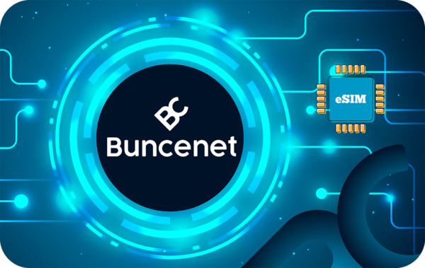 Buncenet logo inside a glowing blue circular interface with circuit lines and an eSIM chip nearby.