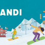 Winter ski scene with two skiers on a snowy slope, a mountain lodge in the background, and the large HANDI branding on teal sky.