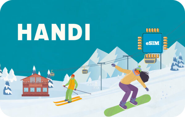 Winter ski scene with two skiers on a snowy slope, a mountain lodge in the background, and the large HANDI branding on teal sky.