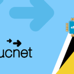 Lucnet branding: blue background with arrows and an eSIM chip on the right.