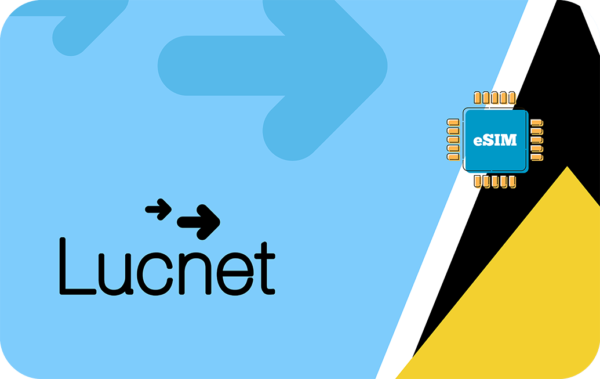 Lucnet branding: blue background with arrows and an eSIM chip on the right.