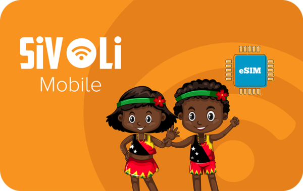 Sivoli Mobile promo with two dancing children and an eSIM chip on an orange background.