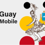 Guay Mobile branding with a dancer sketch, bold text, and colorful circles including an eSIM chip graphic on a light background.