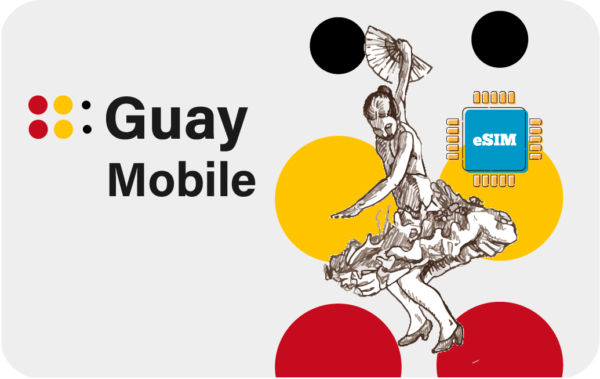 Guay Mobile branding with a dancer sketch, bold text, and colorful circles including an eSIM chip graphic on a light background.