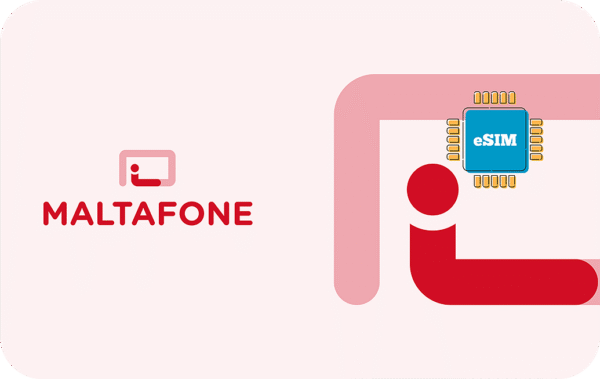 MALTAFONE logo on a pale pink background with a blue eSIM chip graphic on the right corner.