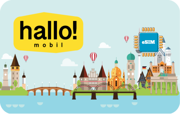 Colorful cityscape illustration with a yellow 'Hallo! mobil' logo and a blue eSIM chip on the right.