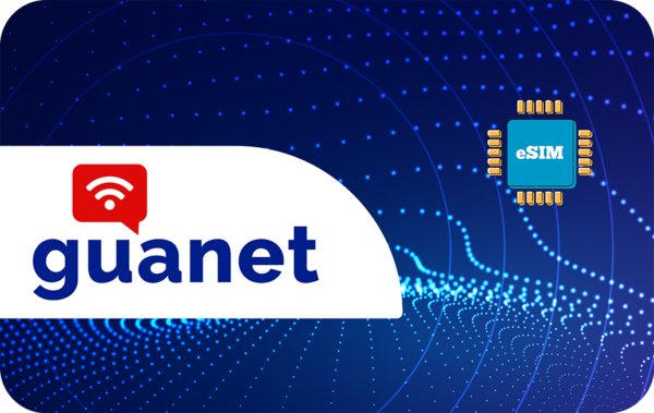 Brand banner with the Guanet logo, red Wi‑Fi icon, and eSIM chip on a blue dotted background.