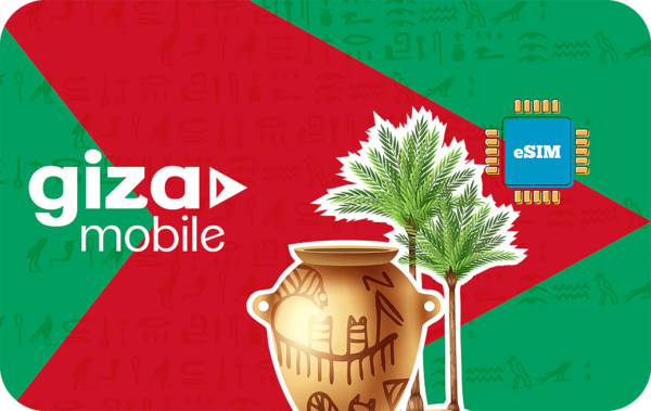 Promotional banner for Giz mobile featuring a clay pot, palm tree, and an eSIM chip on a green and red geometric background.
