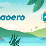 Tropical beach scene with a large 'Naoero' text and an eSIM chip icon on the right, as a promotional banner.