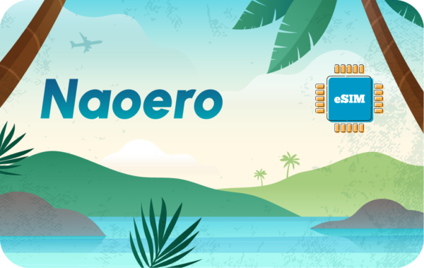 Tropical beach scene with a large 'Naoero' text and an eSIM chip icon on the right, as a promotional banner.