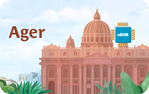 Brand illustration for Ager showing a neoclassical domed building, the word 'Ager', and an eSIM chip icon against a blue sky.