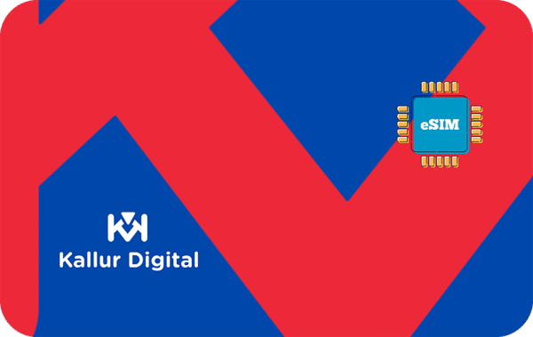 Abstract tech branding image with the Kallur Digital logo on a blue shape and an eSIM chip against a red and blue geometric background.
