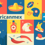 A collage of American and Mexican symbols around a central 'Americamex' title: Statue of Liberty, moose, sombrero, football gear, hockey stick and skates, maple syrup bottle, a map chip labeled eSIM, chili peppers, a yellow sneaker, a city skyline, and maple leaf motifs.