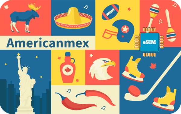 A collage of American and Mexican symbols around a central 'Americamex' title: Statue of Liberty, moose, sombrero, football gear, hockey stick and skates, maple syrup bottle, a map chip labeled eSIM, chili peppers, a yellow sneaker, a city skyline, and maple leaf motifs.