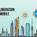 Illustrated city skyline with tall modern buildings, a sun in the sky, an eSIM chip icon on the right, and Liberation Mobile branding on the left.