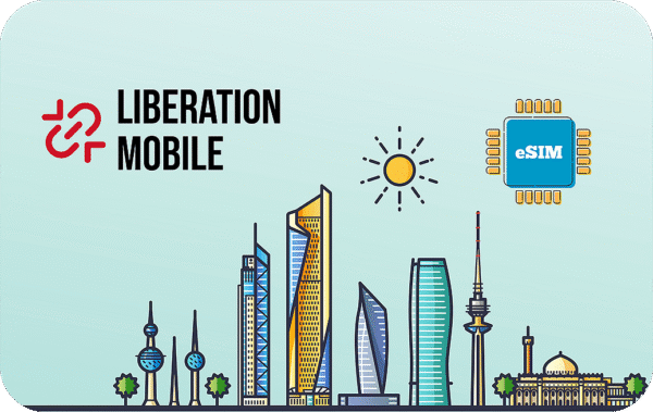 Illustrated city skyline with tall modern buildings, a sun in the sky, an eSIM chip icon on the right, and Liberation Mobile branding on the left.