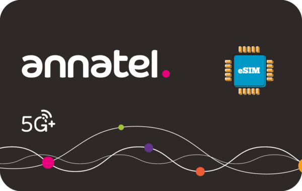 Anatel logo with an eSIM chip icon on a dark background and colorful connectivity waves (5G+).