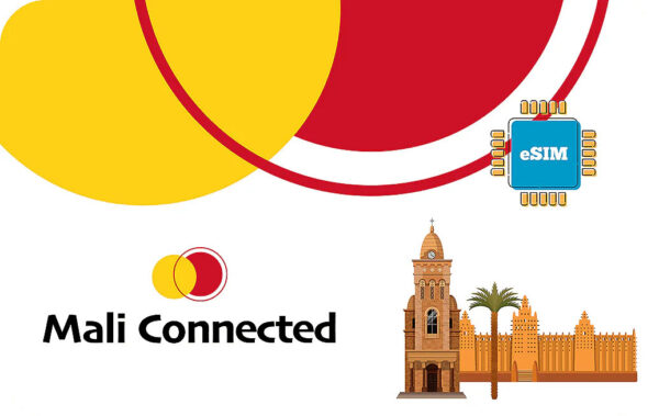 Mali Connected branding with overlapping yellow and red circles, an eSIM chip, and a stylized Mali landmark.