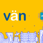 Bright yellow illustration with a blue city skyline and the word 'vän' in blue and white, plus a blue eSIM chip motif on the right.