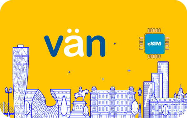 Bright yellow illustration with a blue city skyline and the word 'vän' in blue and white, plus a blue eSIM chip motif on the right.