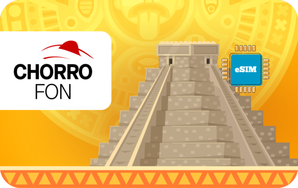 Chorro Fon logo on a white card beside a stepped stone pyramid and a blue eSIM chip on an orange background with a gold pattern.