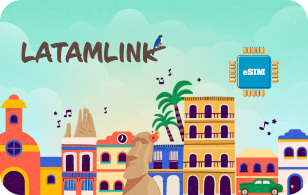 Colorful cartoon city scene with 'LATAMLINK', palm tree, statue, and a blue eSIM chip floating in the sky.
