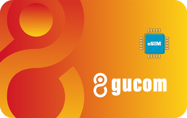 Orange gradient card with abstract red shapes, a blue eSIM chip icon in the top-right, and the white 'gucom' logo.4a1;