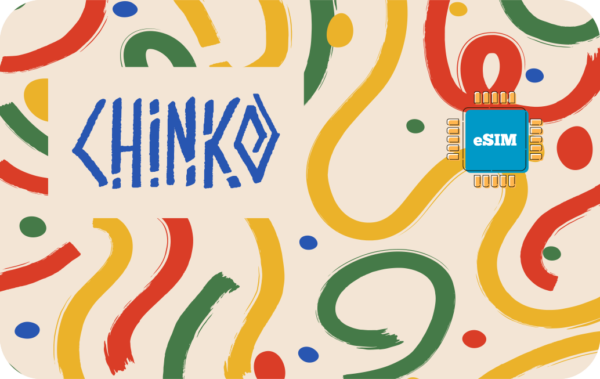 Colorful abstract background with a blue SHINKO logo and a blue eSIM chip on a beige canvas.