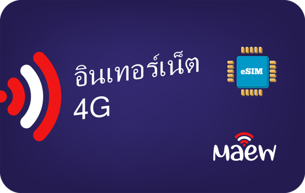 Promotional image showing Thai text 'อินเทอร์เน็ต 4G' with an eSIM chip icon on a blue gradient background and the Maew logo in the corner.