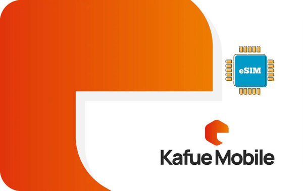 Kafue Mobile logo on white background with an orange curved shape and a blue eSIM chip icon.