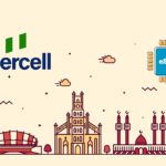 Nigercell logo on the left with a beige background, paired with a stylized blue eSIM chip on the right and an outlined city skyline.
